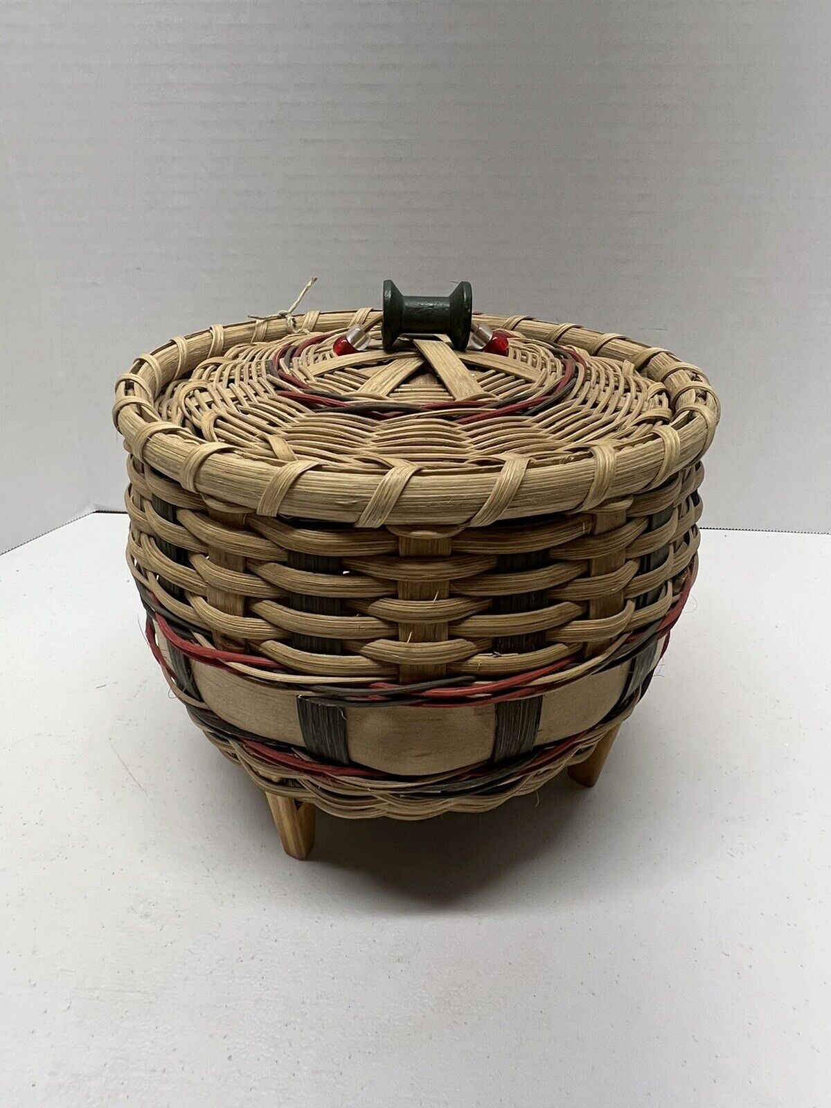 Hand Woven Folk Art Musical Storage Basket With Legs