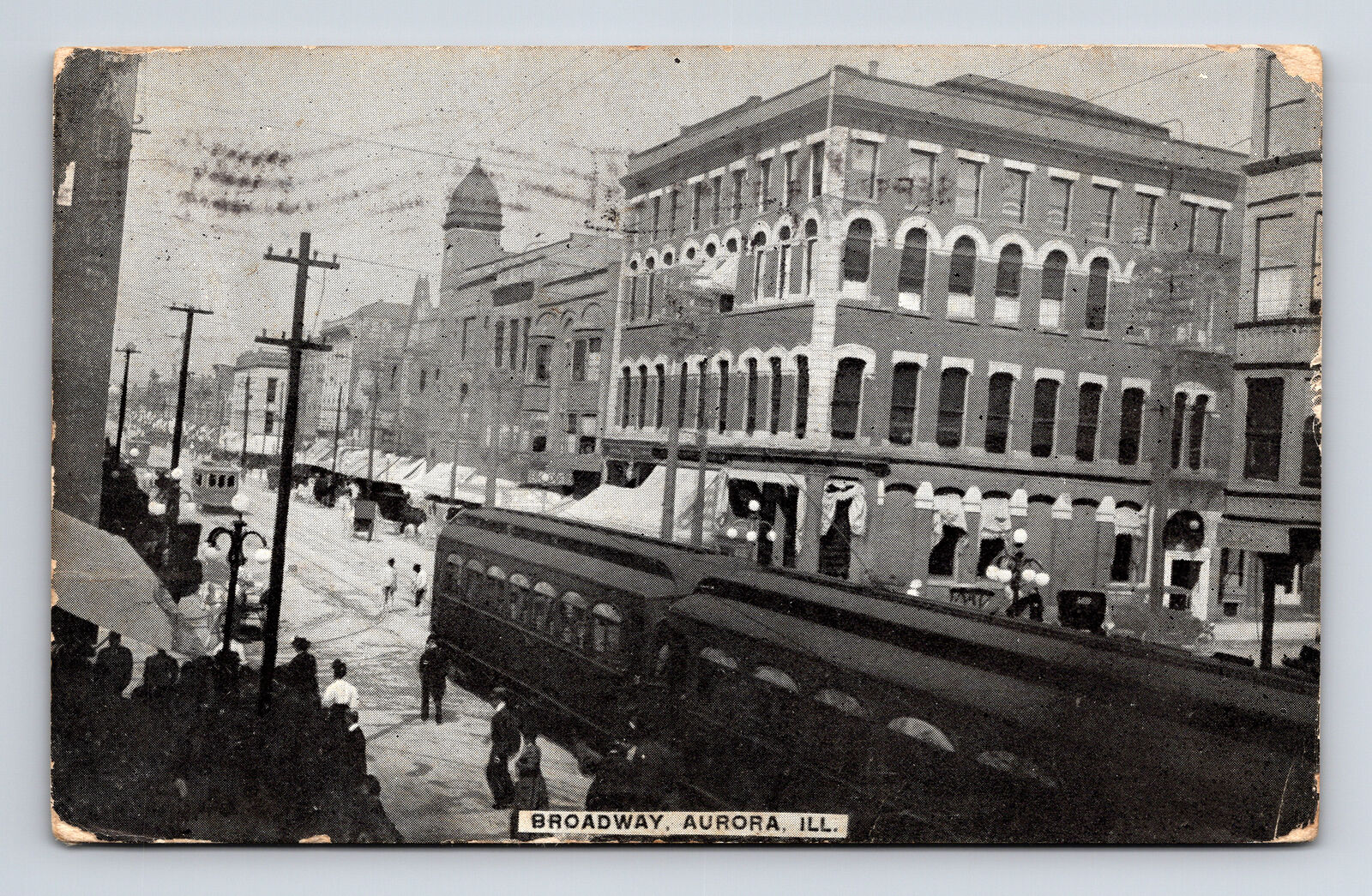 1909 Street View Broadway Trolley Cars People Aurora IL Postcard