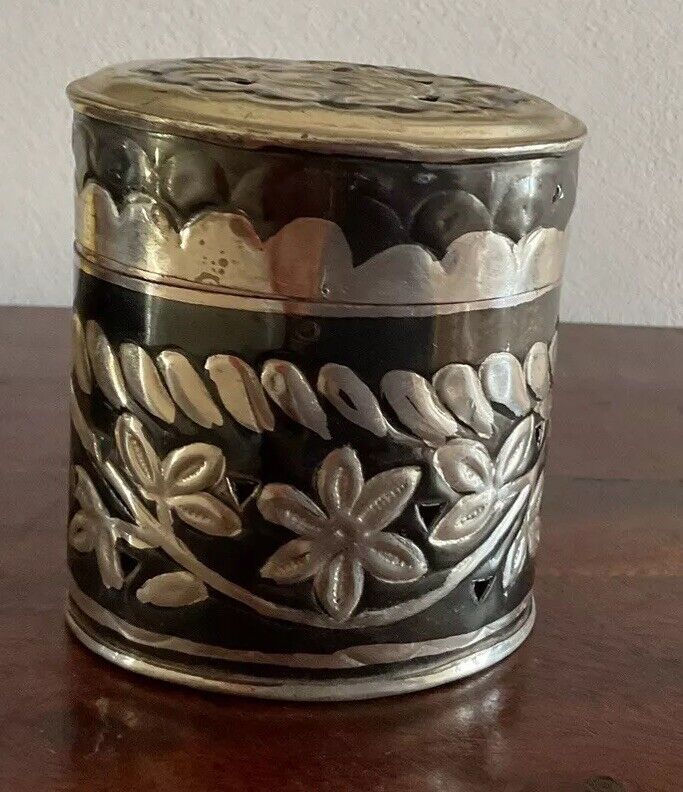Gorgeous Vintage  Embossed Floral Metal Box/ Potpourri Canister