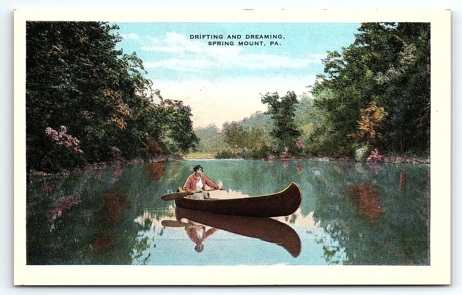 c1920 SPRING MOUNT PA LADY IN CANOE DRIFTING DREAMING W R KINDIG POSTCARD P4561