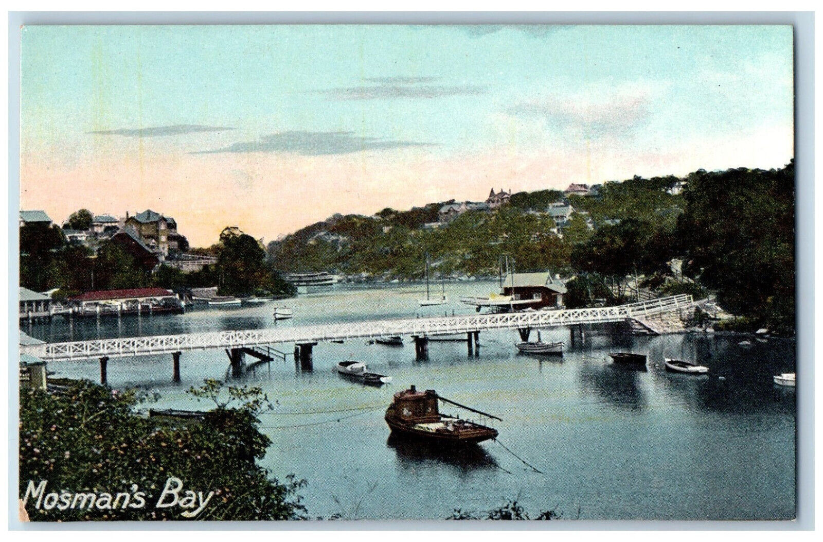 Sydney NSW Australia Postcard Mosman's Bay Bridge Over River Boat Scene c1910
