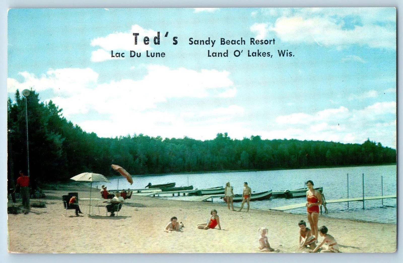 c1950's Ted's Sandy Beach Resort Lac Du Lune Land O' Lakes Wisconsin WI Postcard