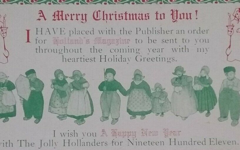 Christmas Greetings HOLLAND'S MAGAZINE Dallas TX Advertising Postcard Dutch 1911