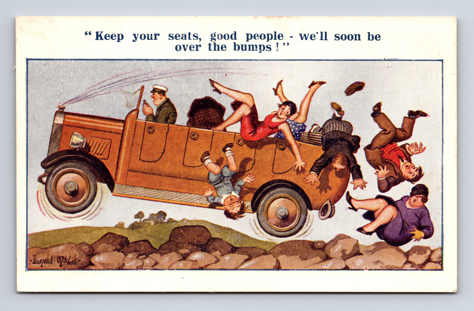 Donald McGill Artist Signed Keep Your Seats Bumps Falling Out of Car Postcard