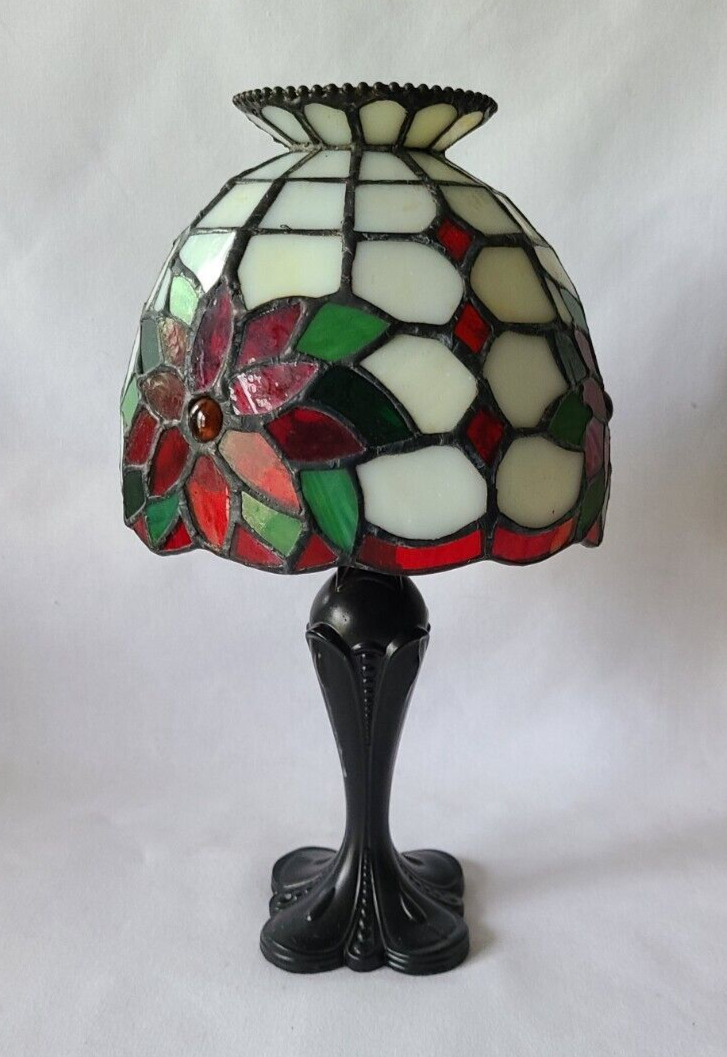 Partylite Poinsettia Tiffany Style Stained Glass Lamp Tea Light Candle Holder