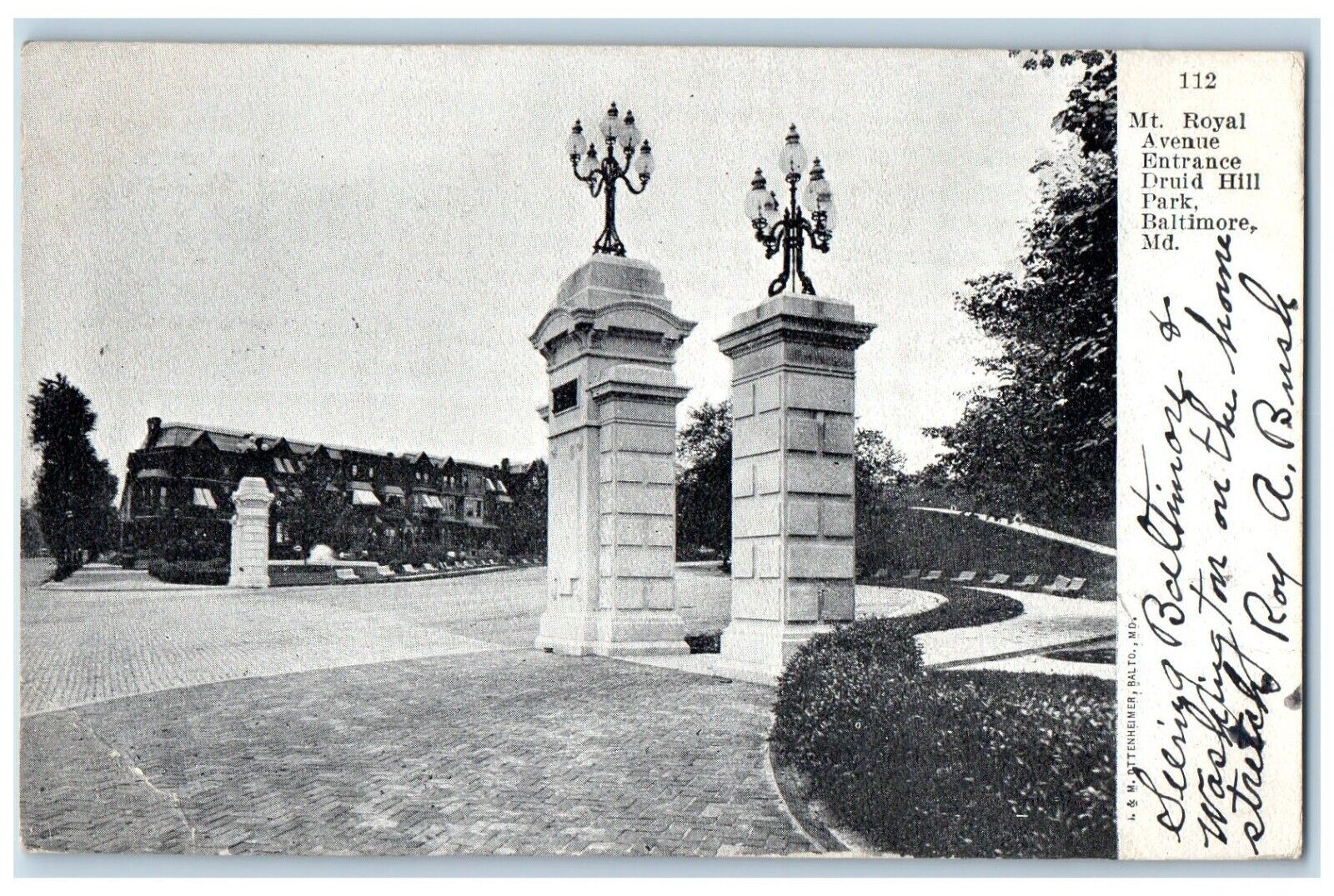 1907 Mt Royal Avenue Entrance Druid Hill Baltimore MD Vintage Antique Postcard