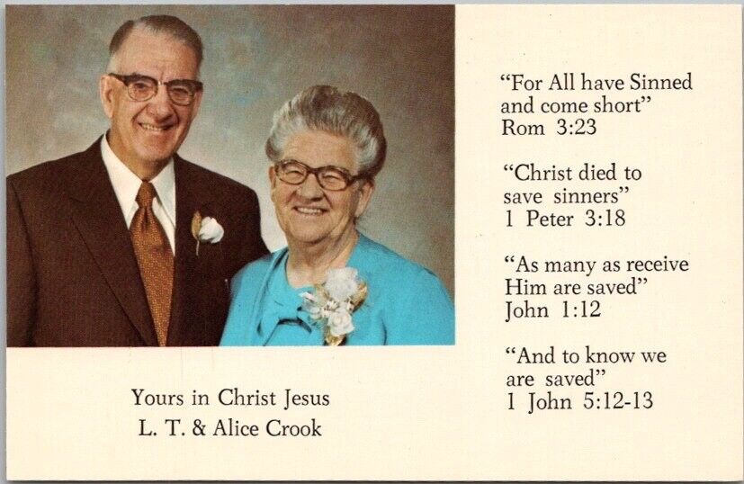 1960s WILTON, Wisconsin Postcard Missionaries L.T. & ALICE CROOK / Scripture