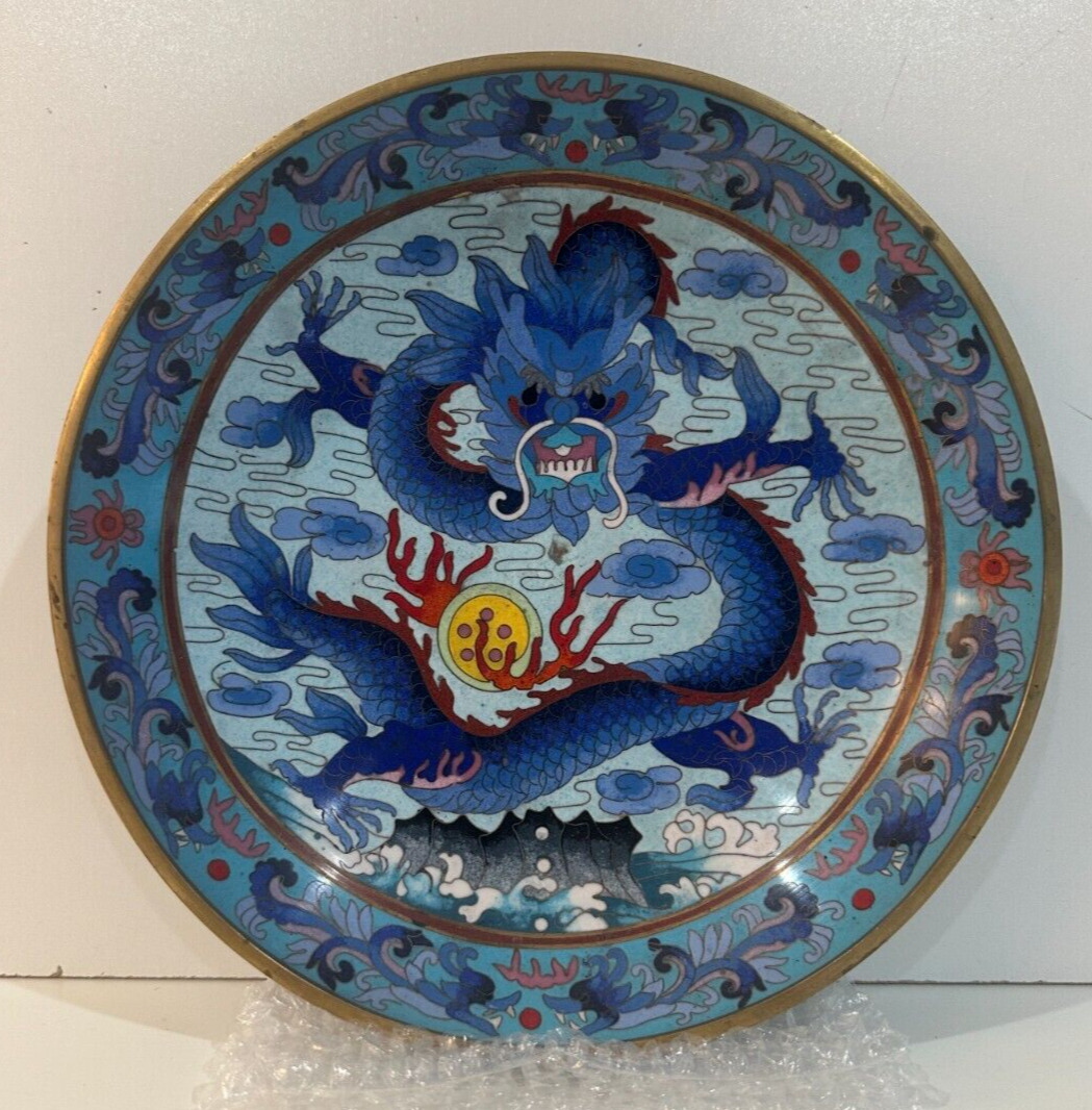 Art, Chinese Cloisonné Blue Dragon Plate, Metal, 9