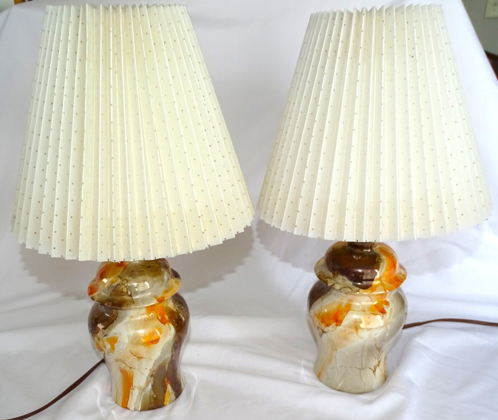 Vintage Mid Century Ceramic Orange Brown Marbled Drip Glaze Lamps Set & Shades