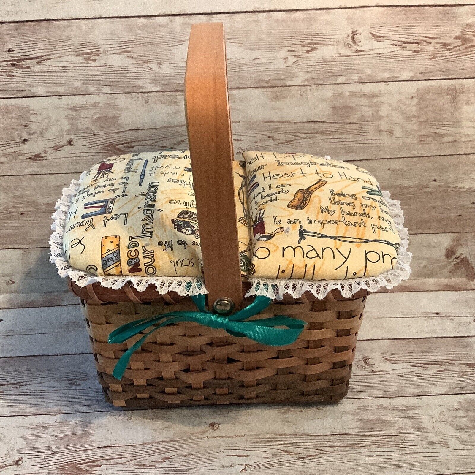 Vtg Folk Art Wicker Sewing Basket Wooden Hinged Lid Small Fabric Top