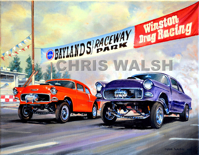 Drag Racing action prints...55 Chev Gassers pair off at Fremont, CA