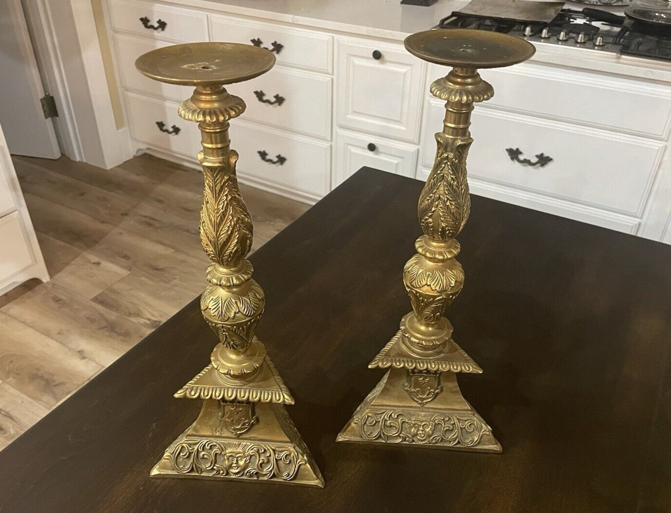 Pair of Brass FIGURAL NEOCLASSICAL CANDLESTICKS Early 20th Century 17” Pillar