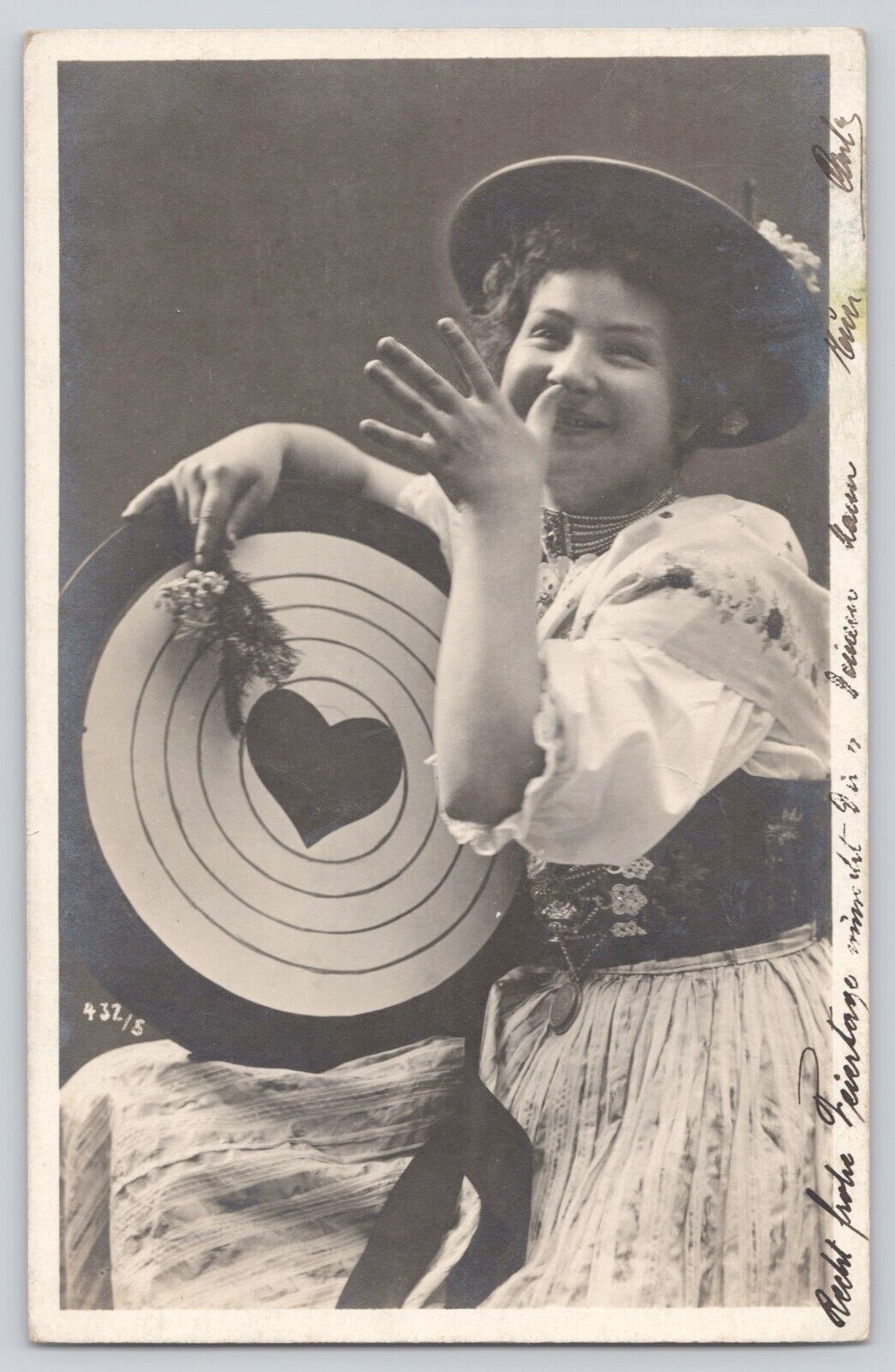 Postcard RPPC Photo Valentine Laughing Lady With Heart In Bullseye Vintage