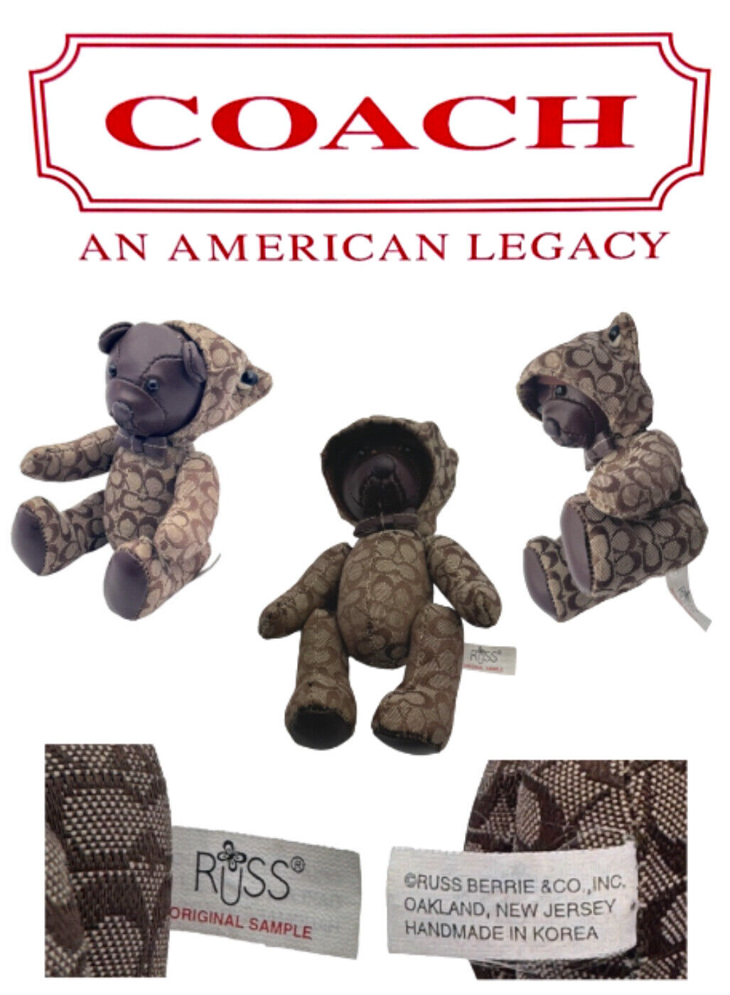 Coach Vintage Original Russ Berrie Co. Brown Collectable Movable Teddy Toy Bear