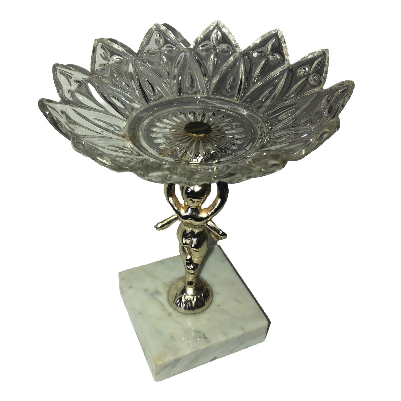 Vintage Hollywood Regency ￼Petal Glass Pedestal Dish On Italy Marble Base