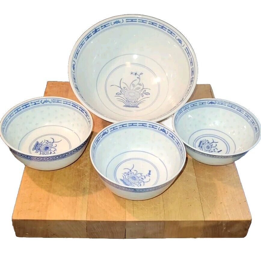 Vintage Jingdezhen Chinese Blue & White Rice Grain Lg Serving Bowl w 3 Sm Bowls