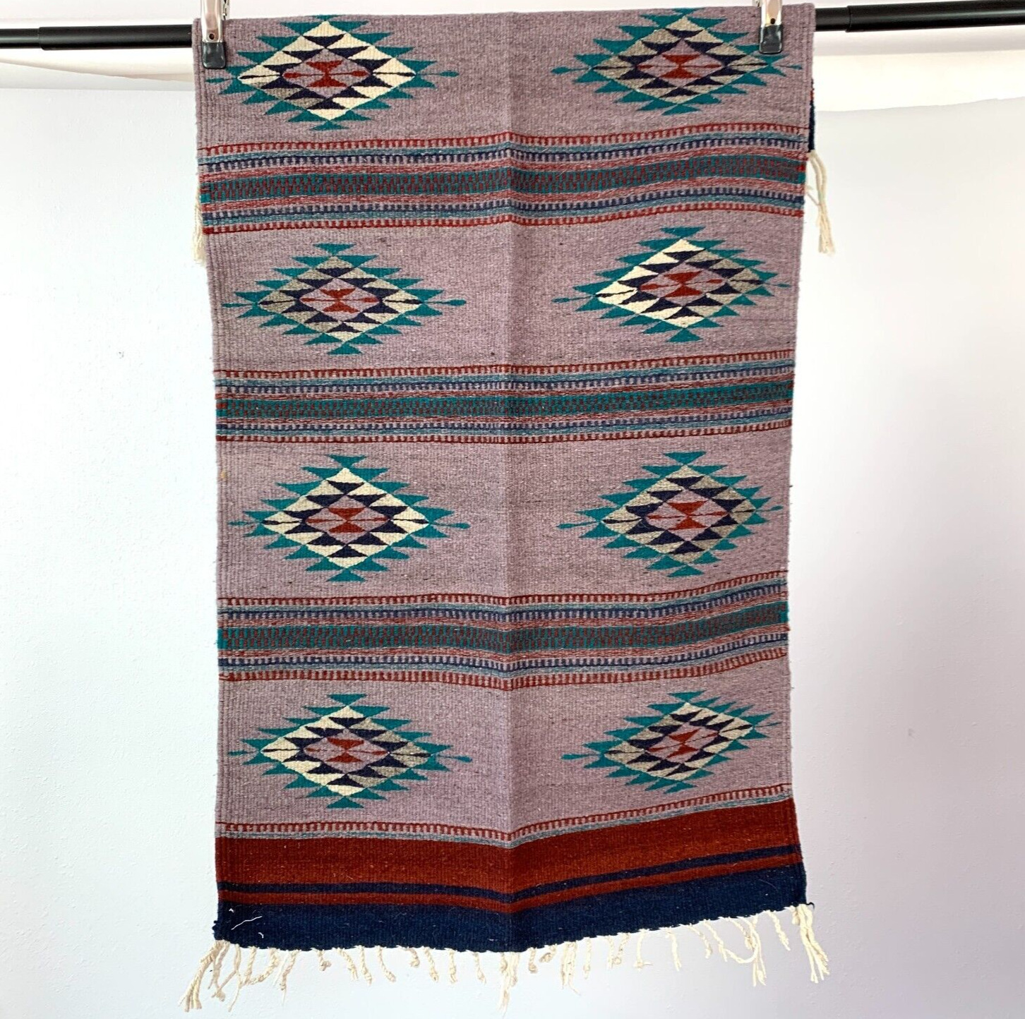 Vintage Handwoven Made in Mexico Wool Oaxacan Woven Rug Fringe 30\