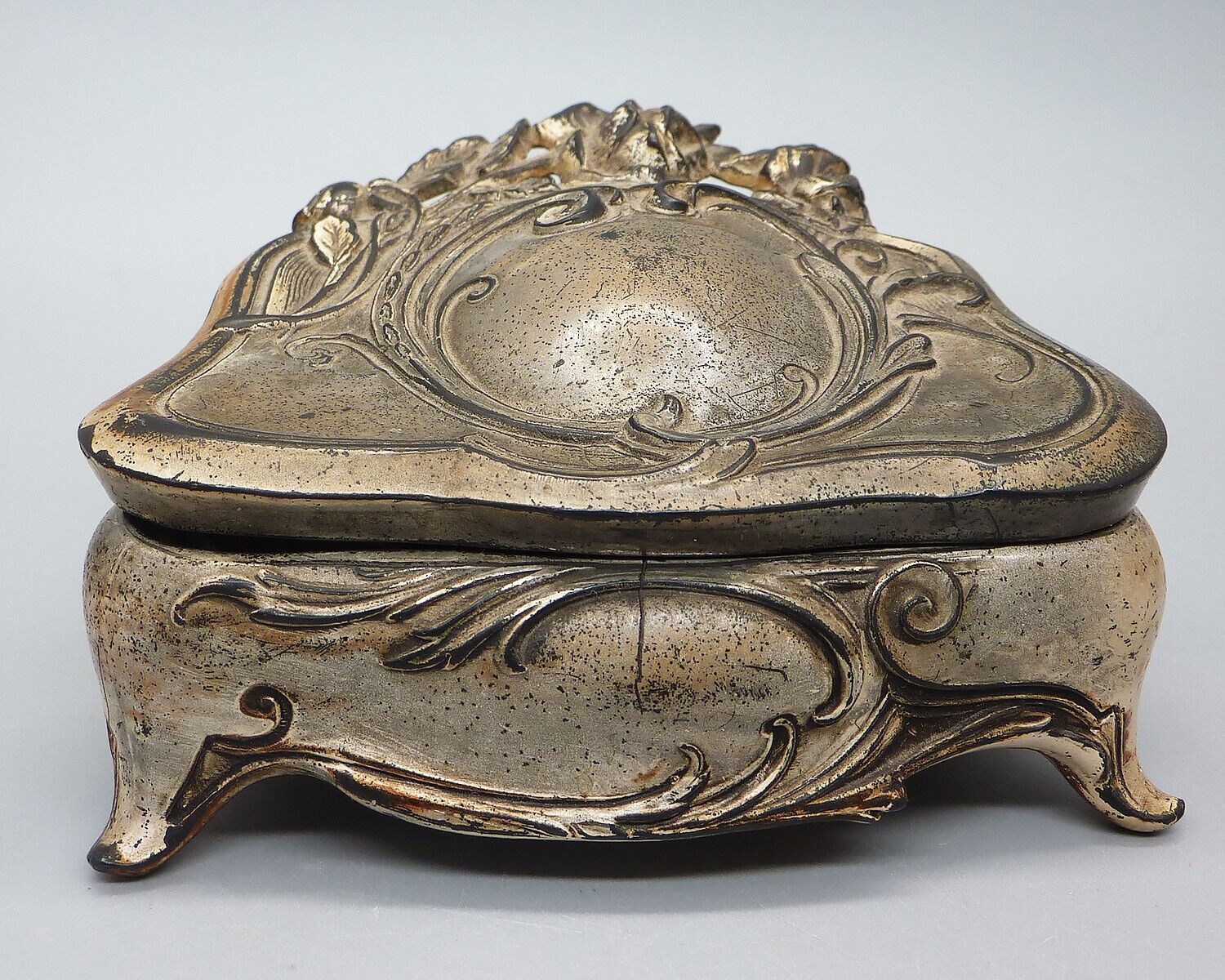 Antique Art Nouveau Parisian Art Silver Jewelry Casket Footed Trinket Box-Damage