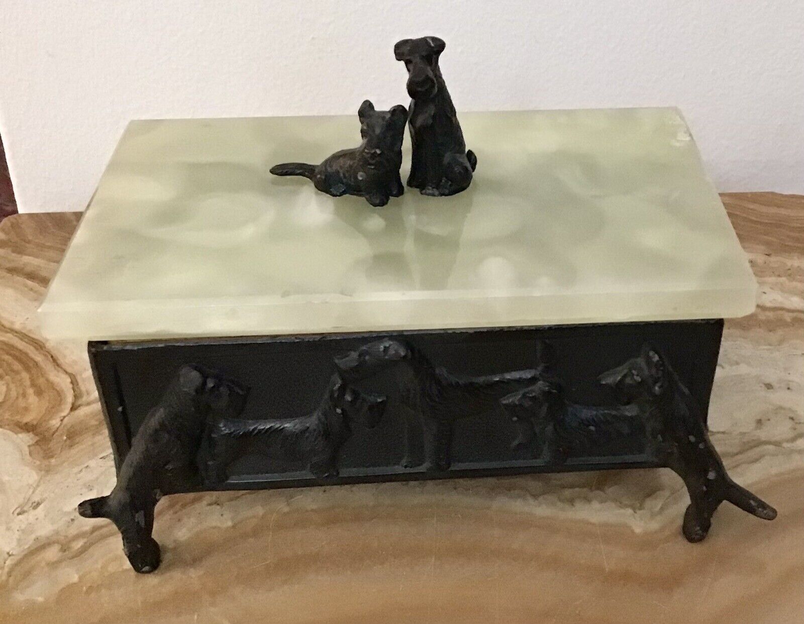 Deco Style Bronze & Onyx Westie Dog Table Box Scotties Cigarette Box Trinket