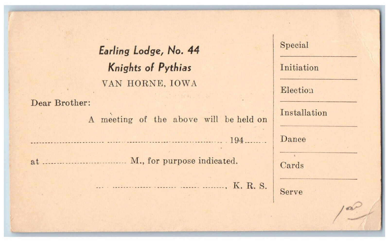 Van Horne Iowa IA Postal Card Earling Lodge No. 44 Knights of Pythias c1940's