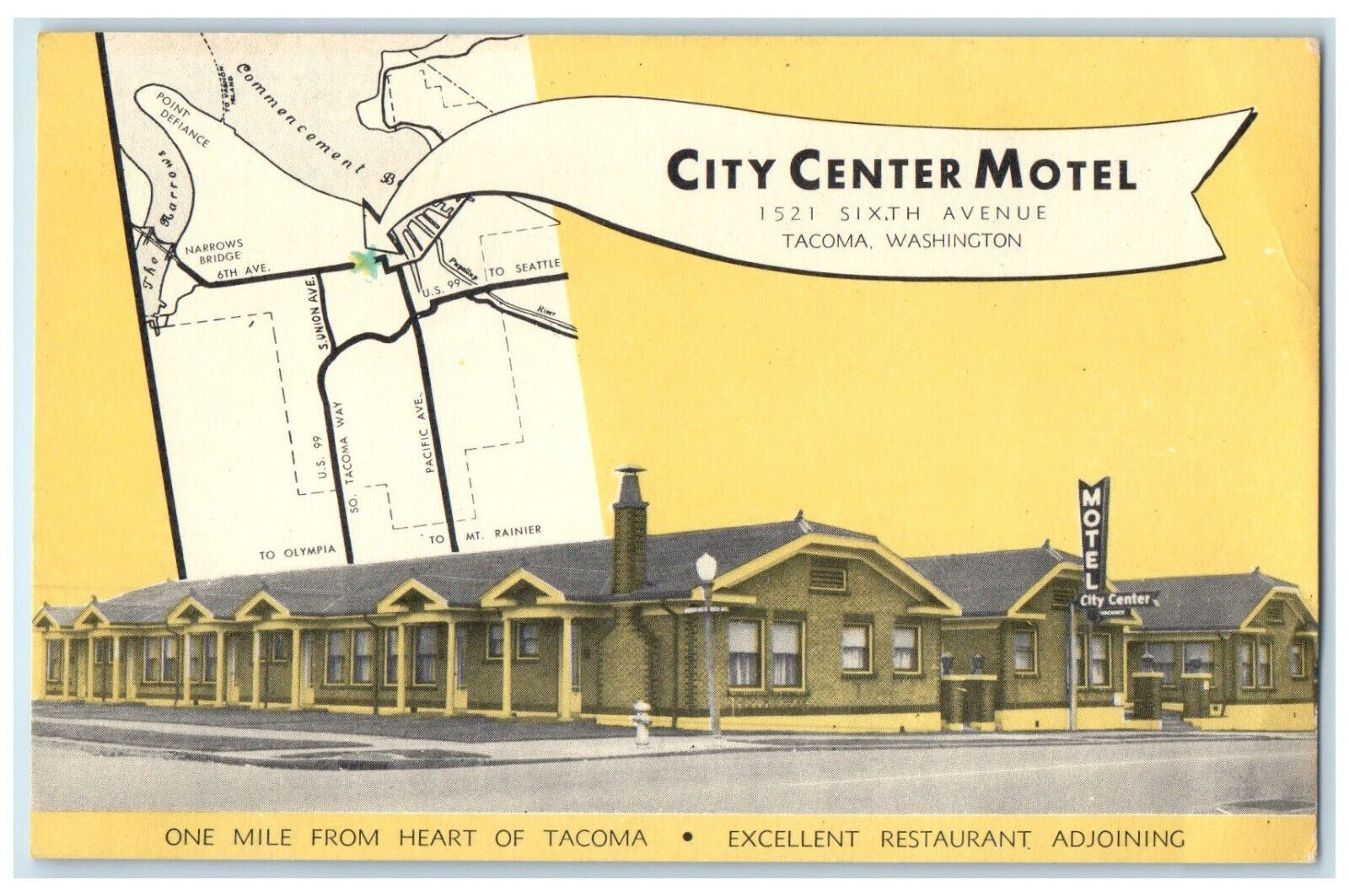 c1950's City Center Motel Map Building Tacoma Washington WA Postcard