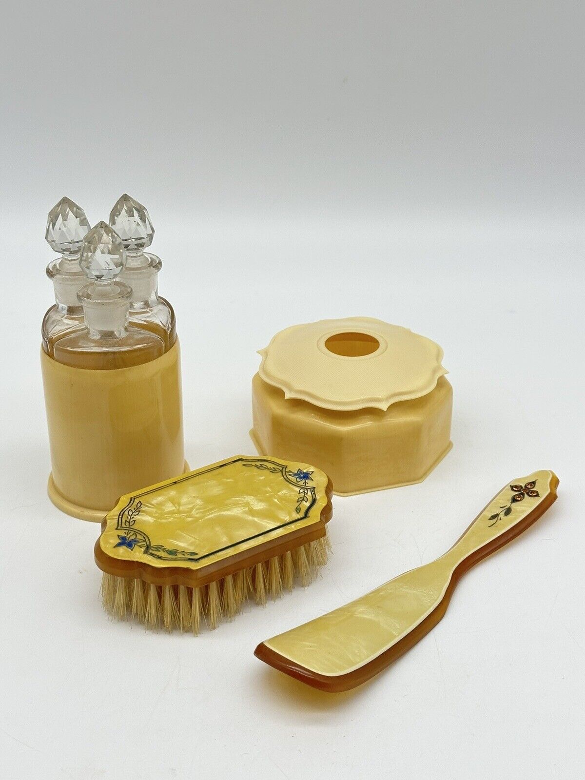 Ivory colored IvoroyD Triple Perfume Bottles Hair Pin Brush Celluloid Vintage