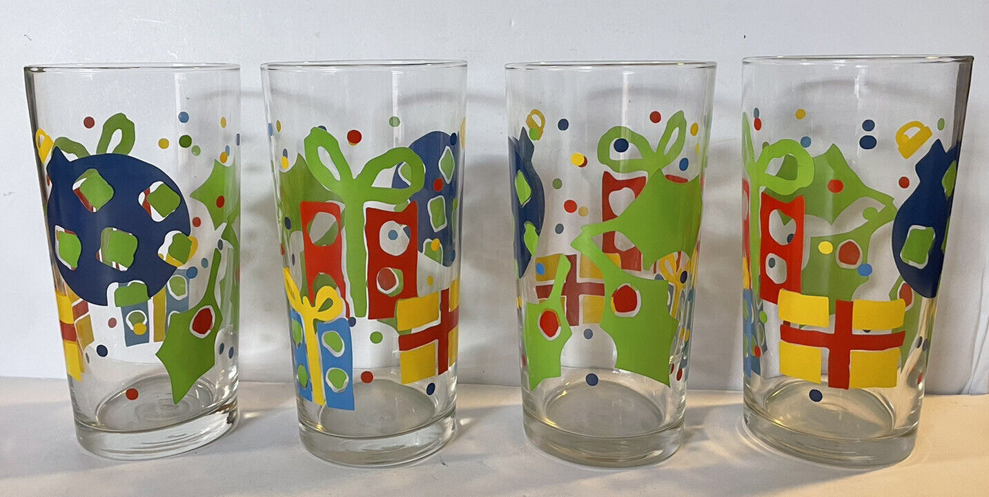 4 VTG Libbey Glass 16 Oz Tumblers Christmas Gifts Ornaments Holly Colorful