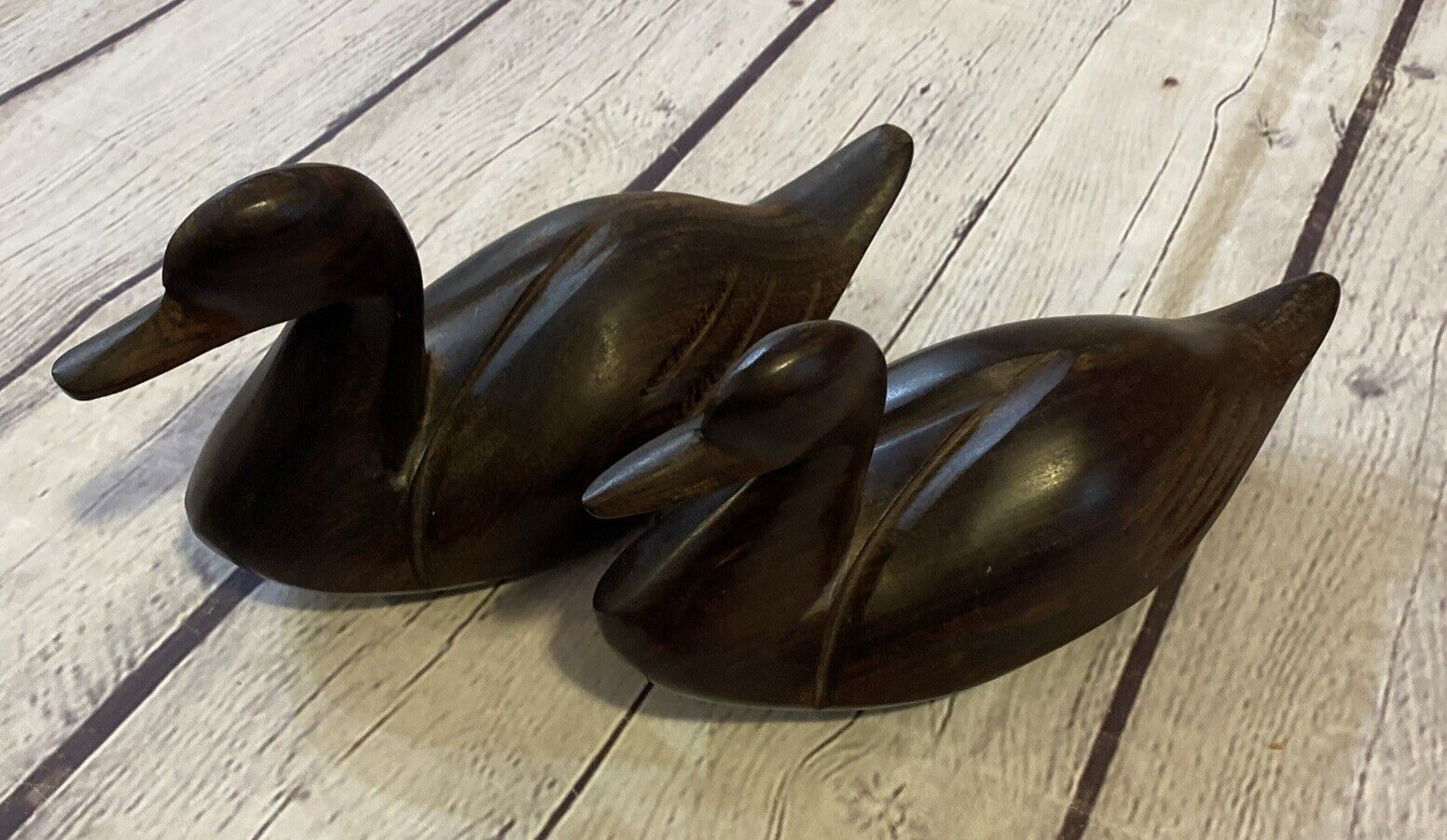 Vintage Wooden Ducks Lot Of 2 Hand Carved Ironwood Heavy Brown VTG Ducks