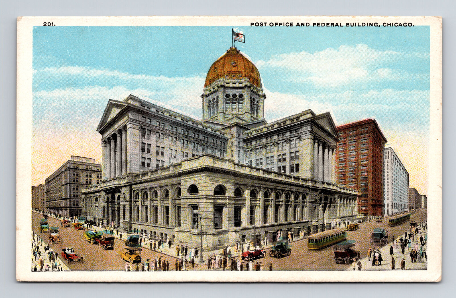 WB Postcard Chicago IL Illinois Post Office & Federal Bldg Trolley Cars
