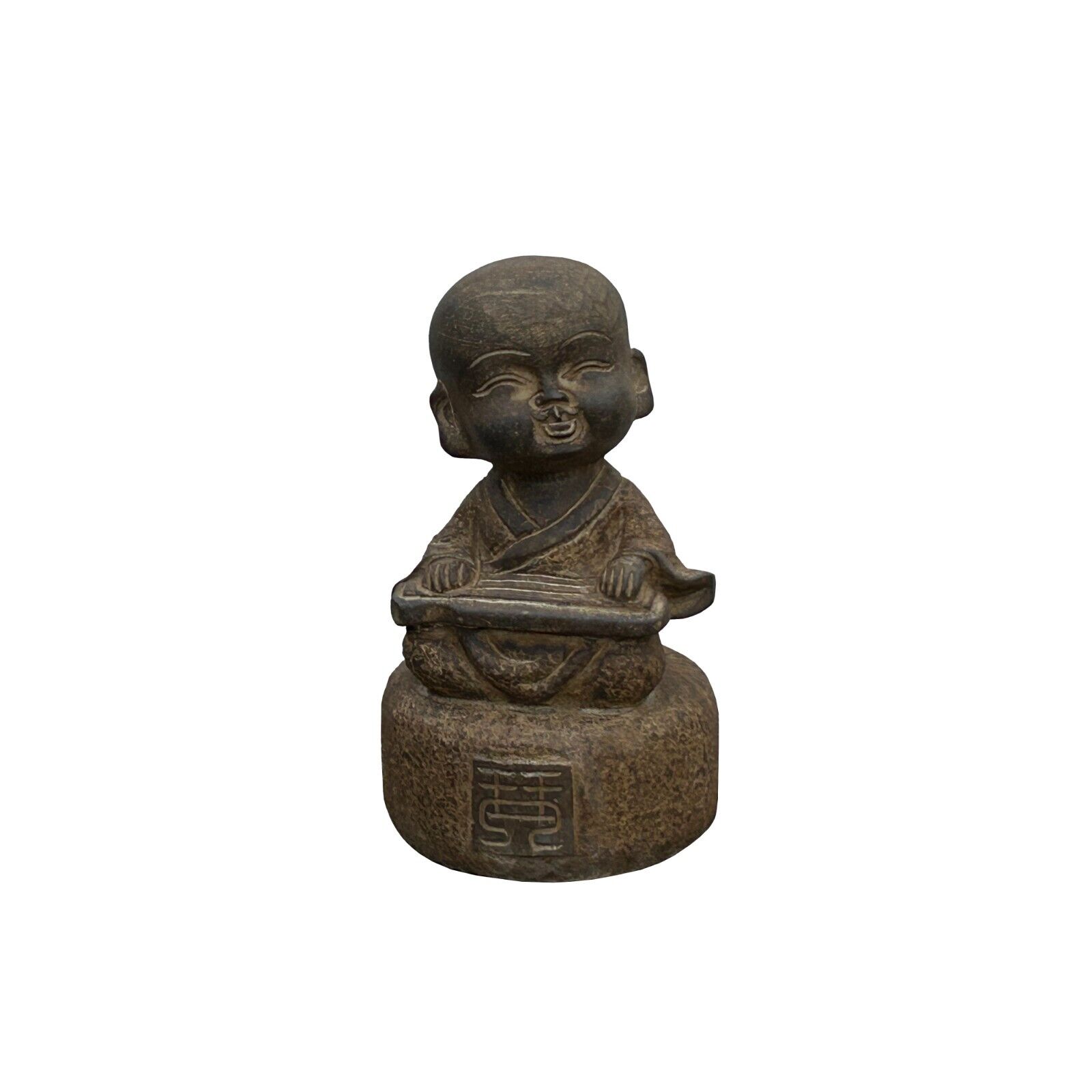 Oriental Gray Stone Little Lohon Monk Playing Zither Statue ws3628