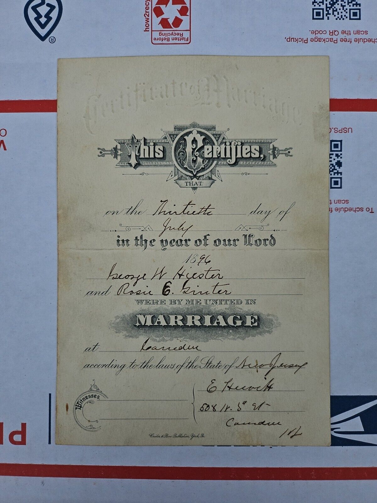  1896 Marriage Certificate Rare July,13th, 1896 George &Rosie Rare Trl7#67