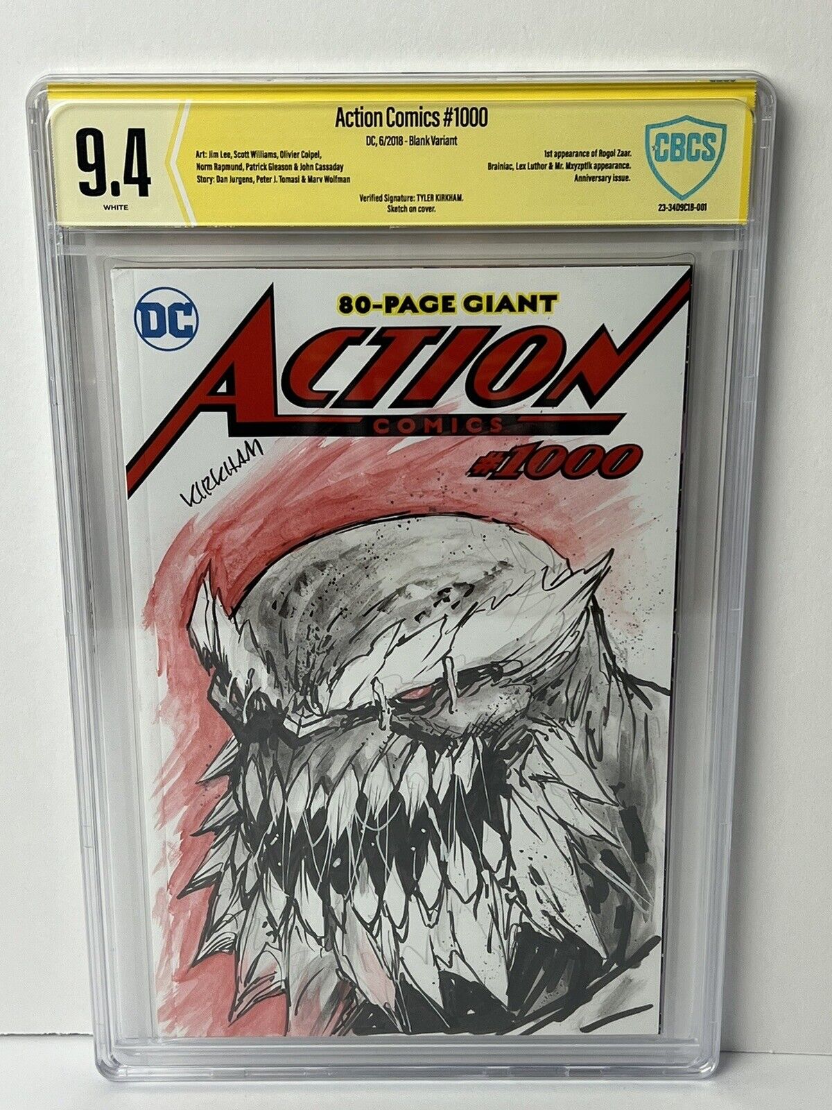 Action Comics #1000 CBCS 9.4 Sketch Cover 2018 Signed & Sketched Tyler Kirkham