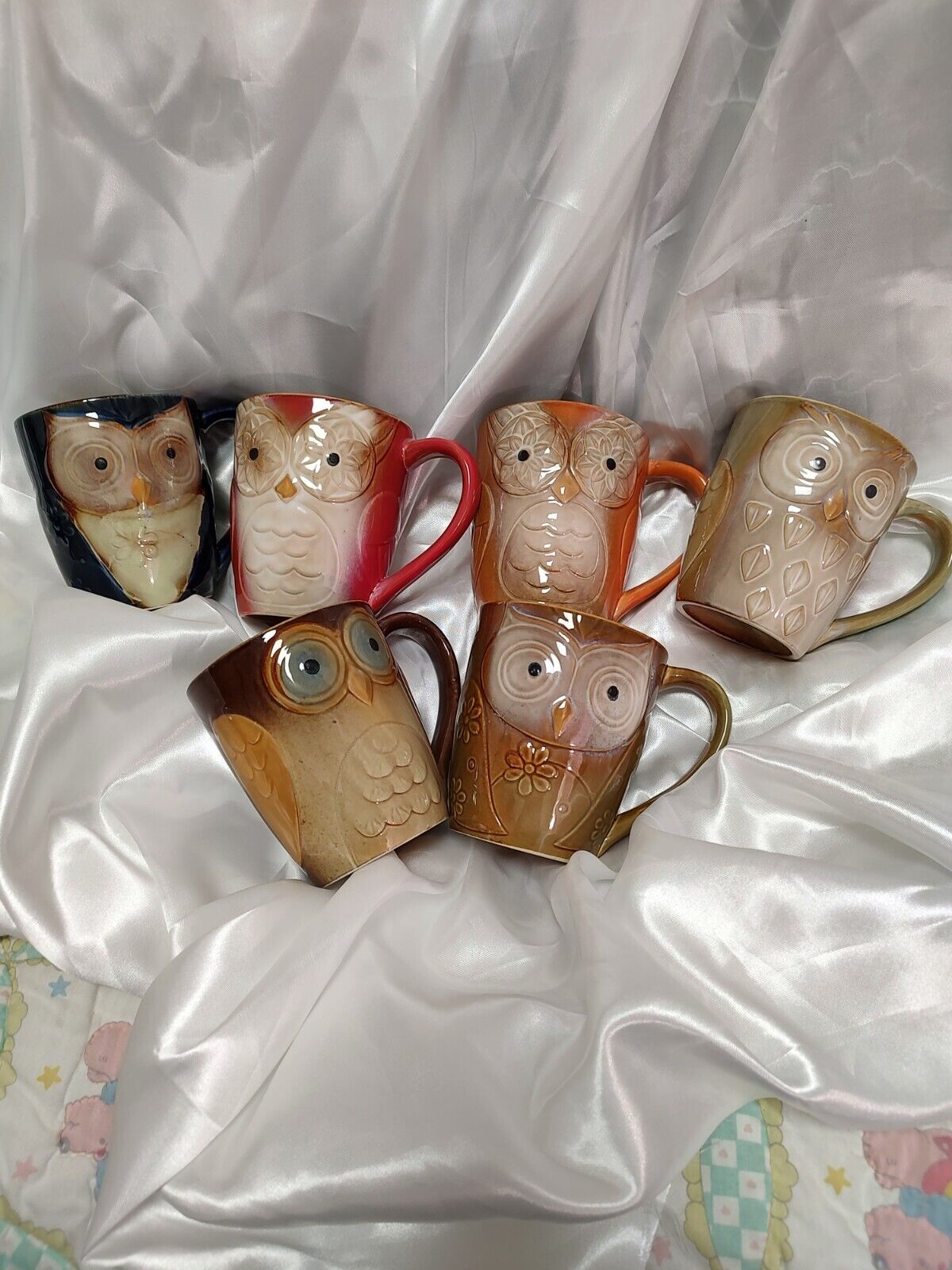 Owl mug coffee cup bird art hand painted set of 6 excellent condition