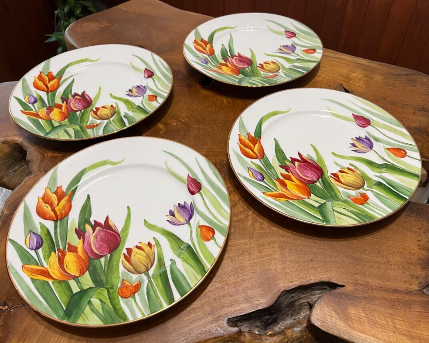 Set of 7 Antique Saxe Charles Ahrenfeldt Porcelain Plates Hand Painted Tulips
