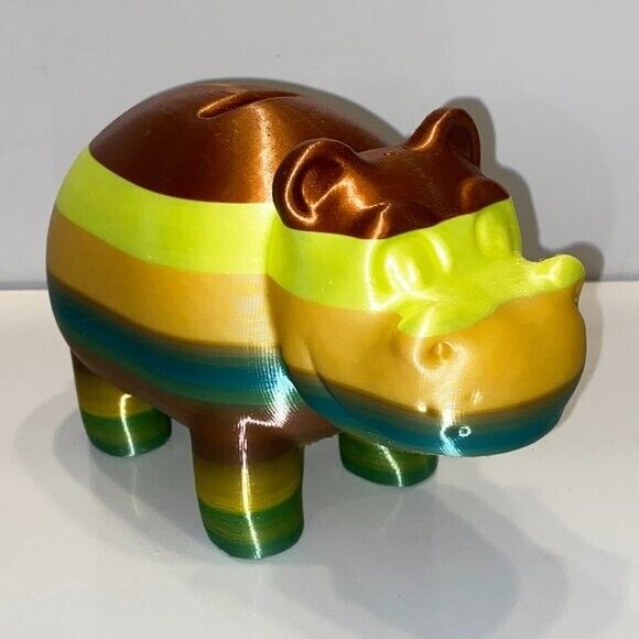 OOAK Handmade 3D Printed Hippo Coin Bank Multicoloured Stripes Unique