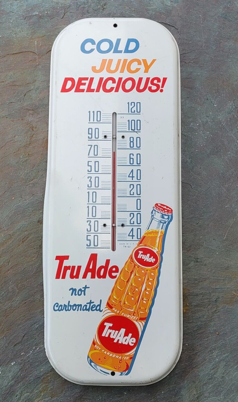 VINTAGE ADVERTISING TRU ADE  1950'S SODA TIN SIGN WORKING THERMOMETER 16