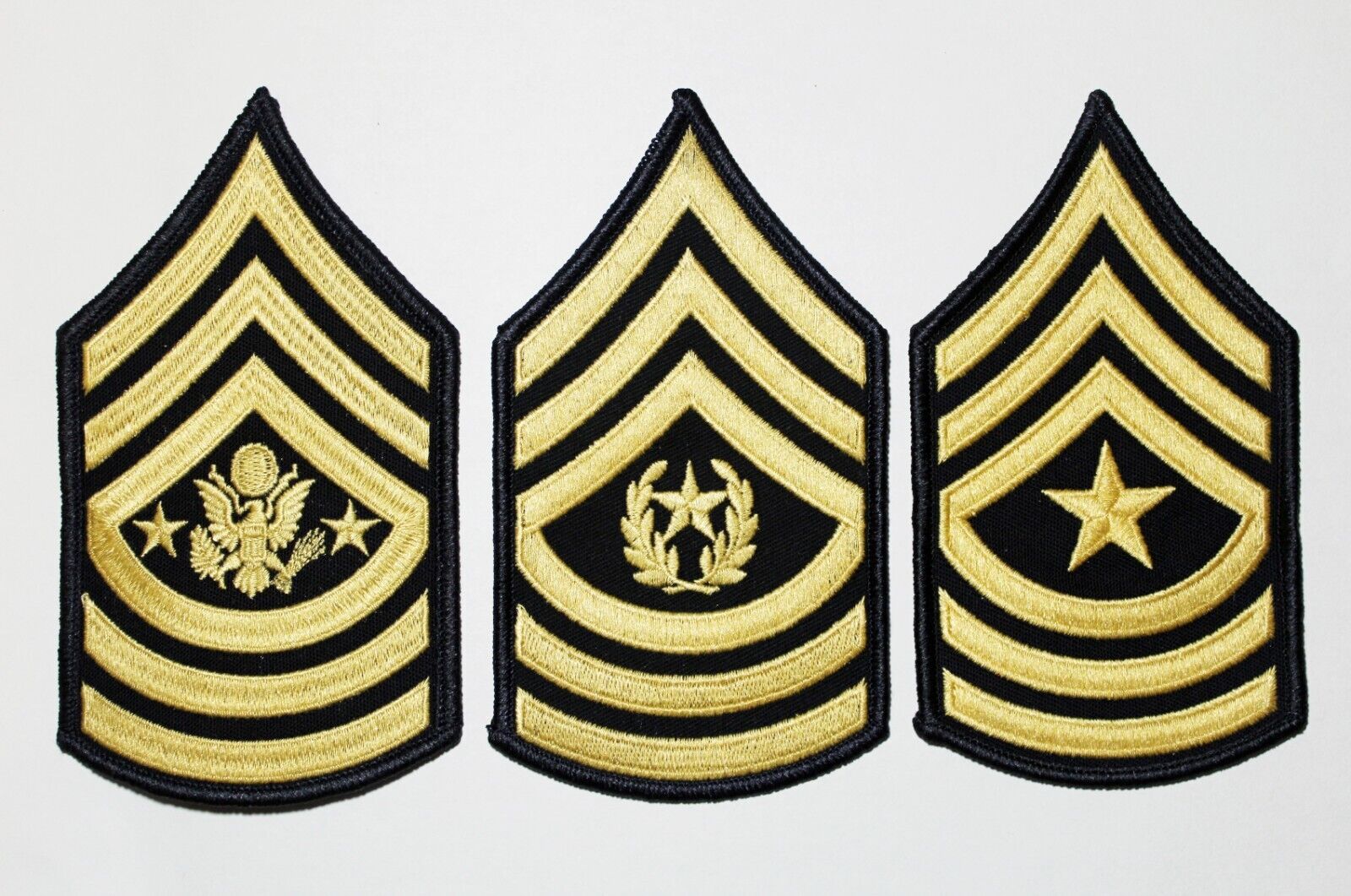 3 PAIR  Army Leadership Sergeant Major Rank Gold on Blue Chevron Patches - Male