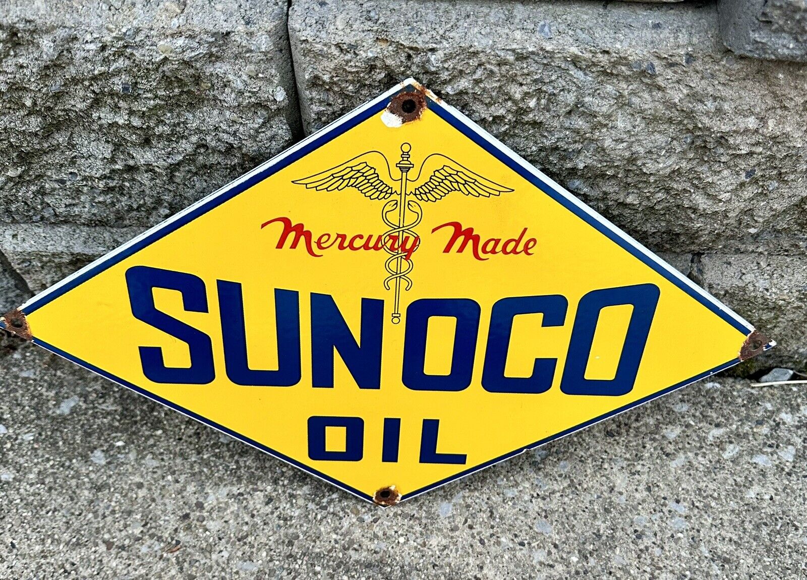 VINTAGE PORCELAIN SUNOCO OIL MERCURY MADE GASOLINE PUMP PLATE STATION SIGN