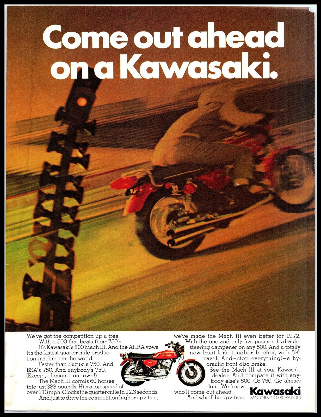 1972 Magazine Motorcycle Print Ad - KAWASAKI 500- MACH III A7