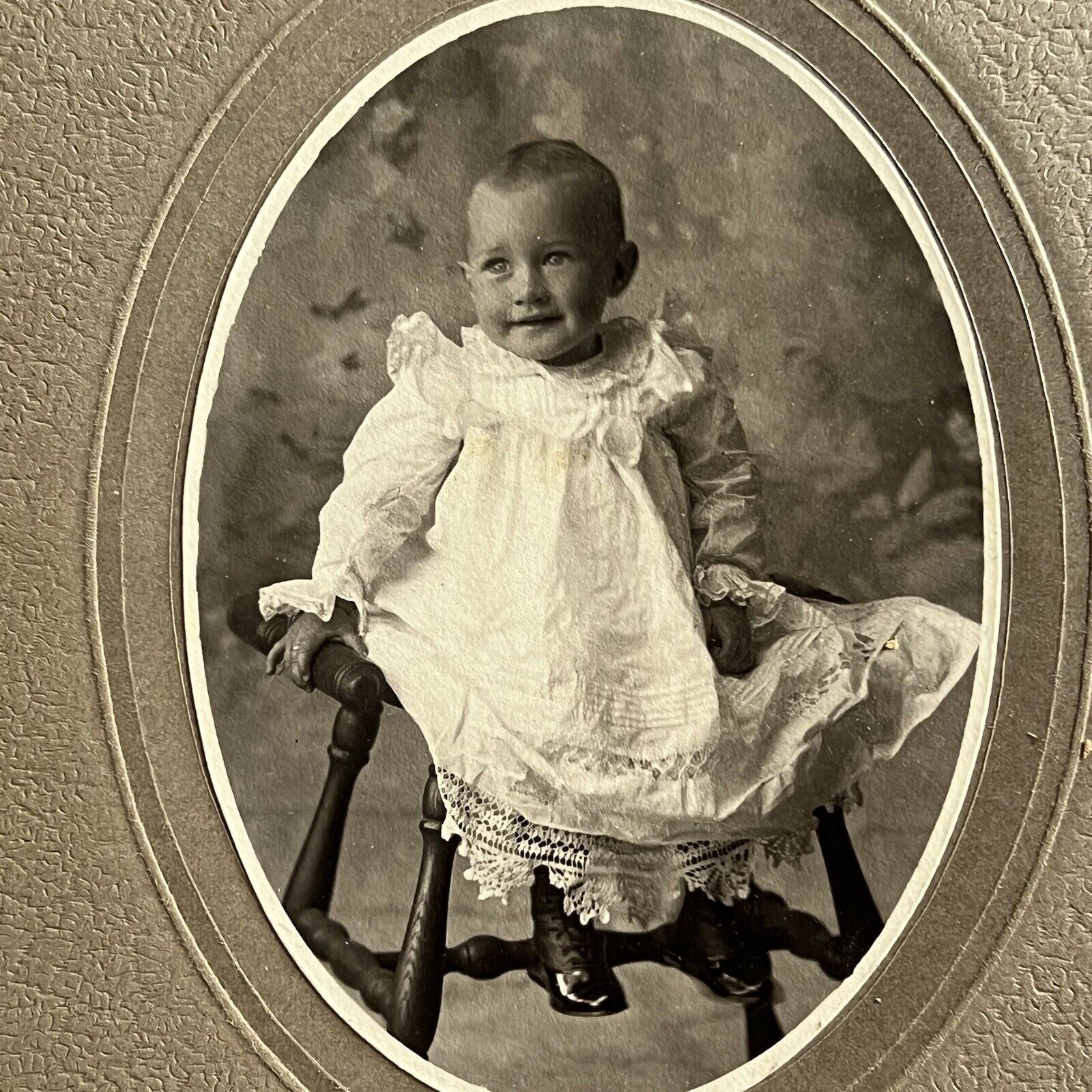 Antique Cabinet Card Photograph Adorable Baby Lace Dress Itty Bitty Boots