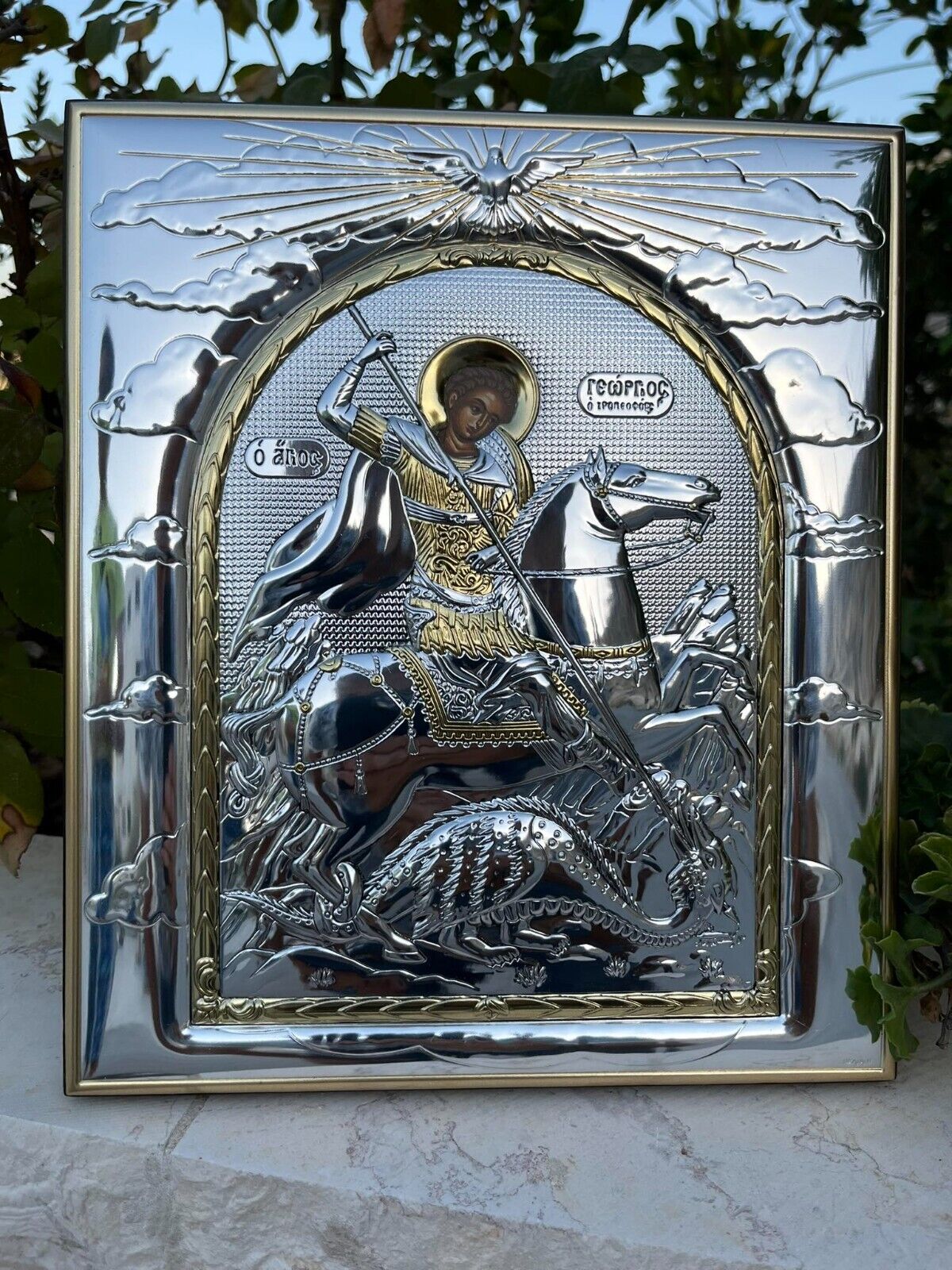 A Beautiful Byzantine Icon ST.GEORGE a Pure Silver Hand Made From The Holy Land