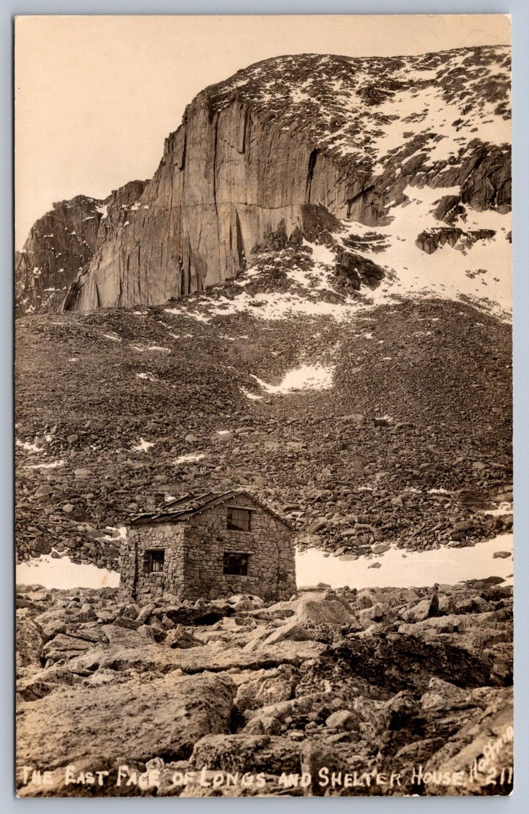 Postcard Estes Park CO East Face of Longs Peak and Shelter House RPPC