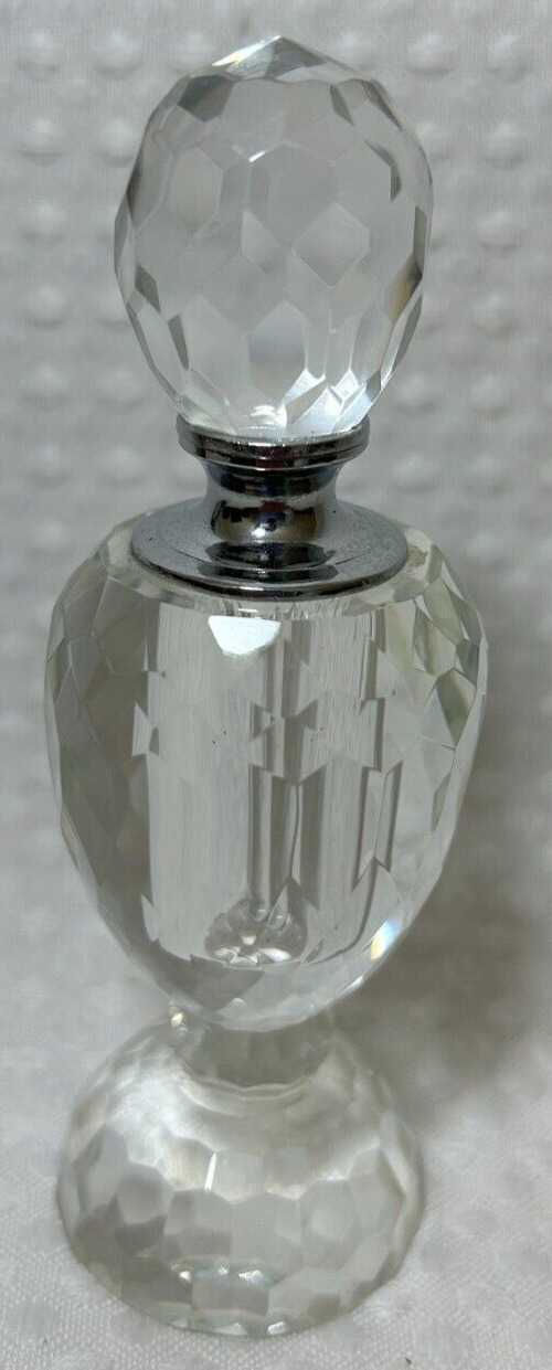 VINTAGE CUT GLASS PERFUME BOTTLE WITH GLASS STOPPER SILVER EXCELLENT