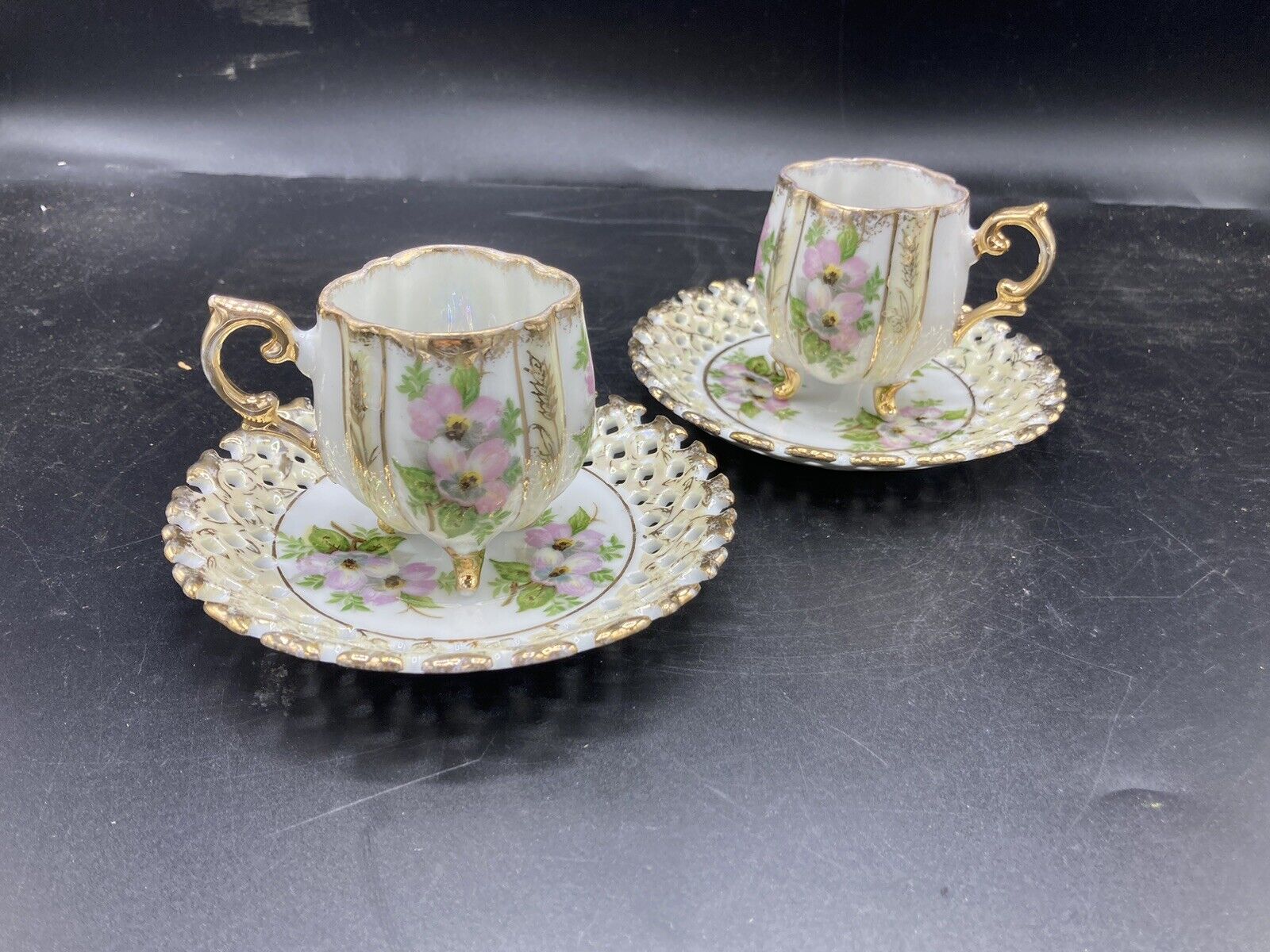 2 Vintage Or Antique demitasse, Footed Tea Cups & Saucers, Floral Design