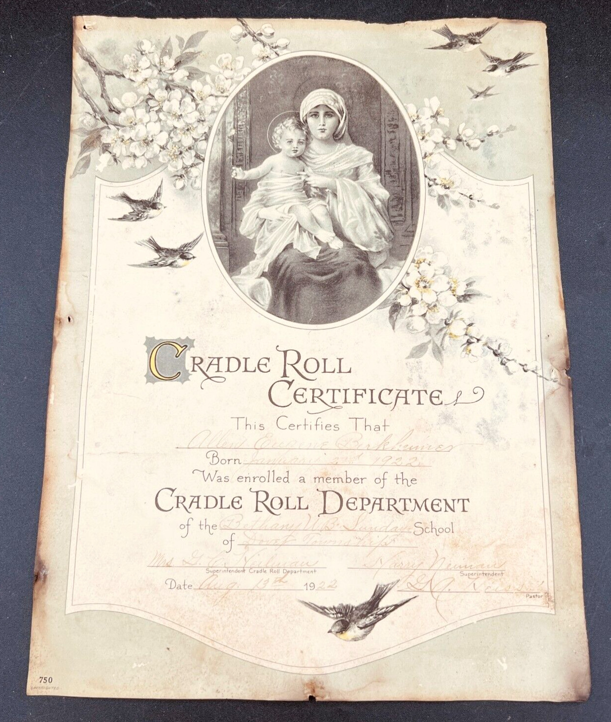 Vintage Cradle Roll Certificate 1922 Bethany U.B. Sunday School, Dover, PA  [**]