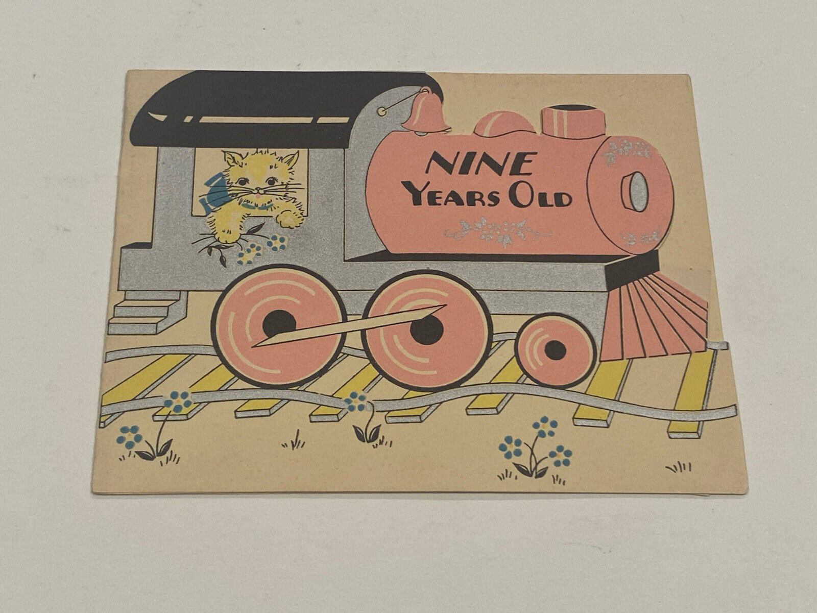 Vintage Nine years old Cat in Pink Train Birthday Card