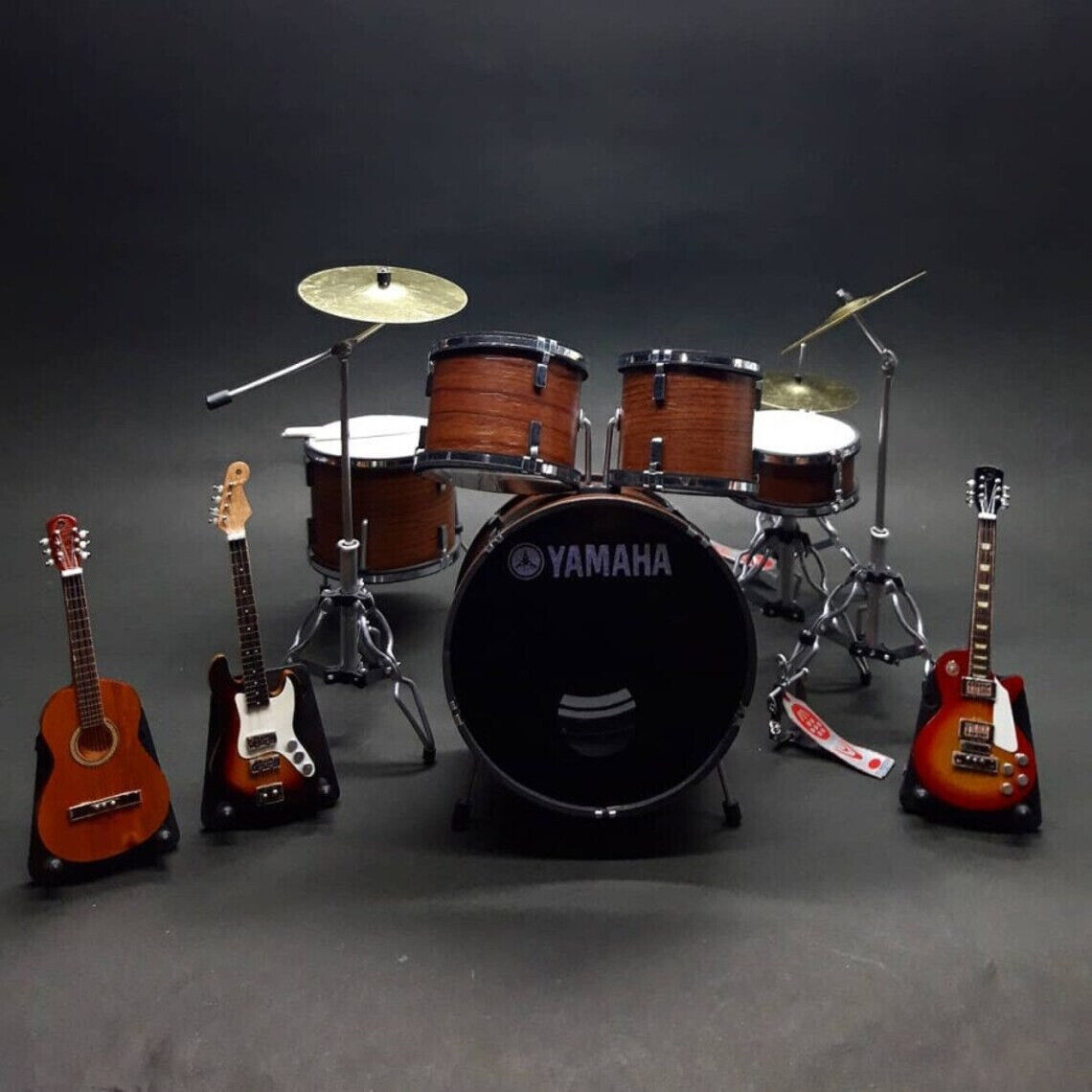Miniature Drum Set 3 Guitars 1:6 Brown Rock Instrument Display Band Special Gift