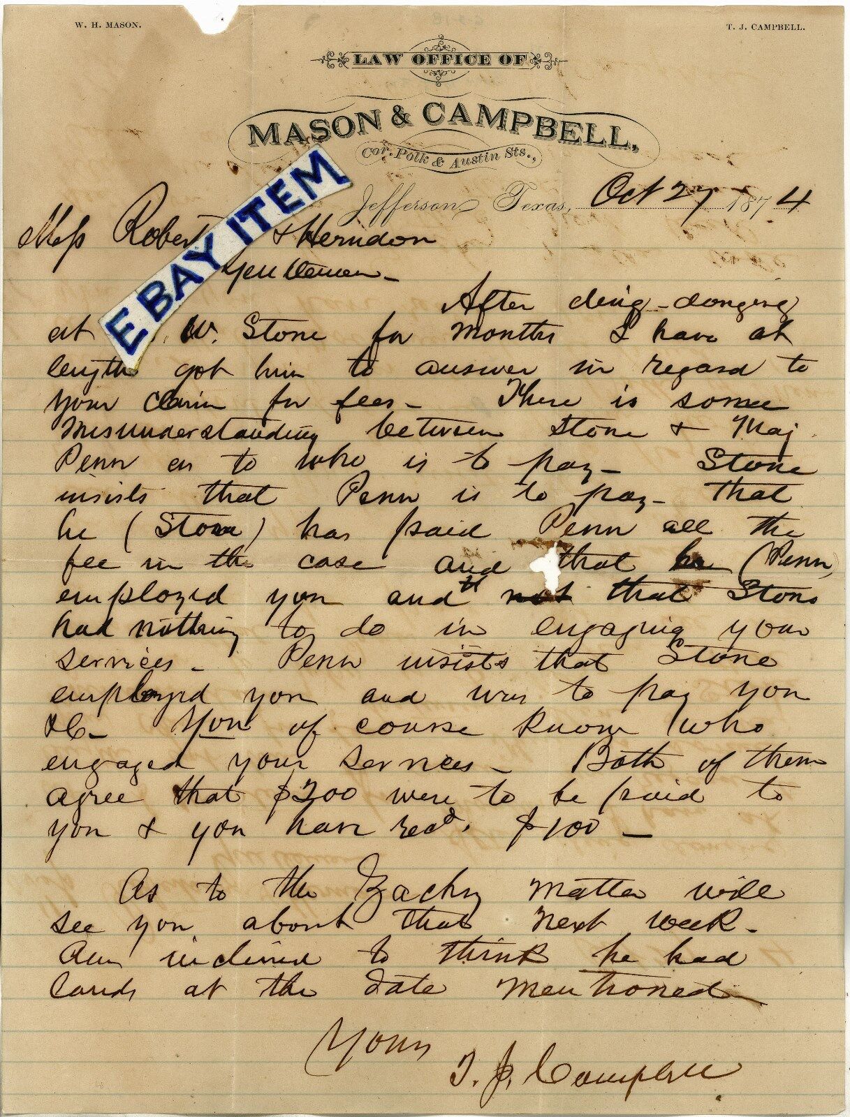 1874 JEFFERSON TEXAS letterhead W.H. MASON & THOMAS J. CAMPBELL Attorney LAWYER