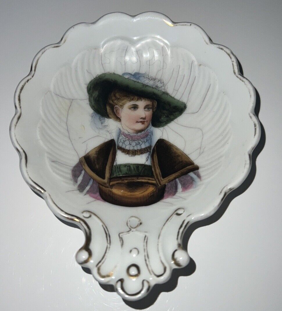 Antique Porcelain Vanity White Trinket Dish Women Portrait 6” x 5”