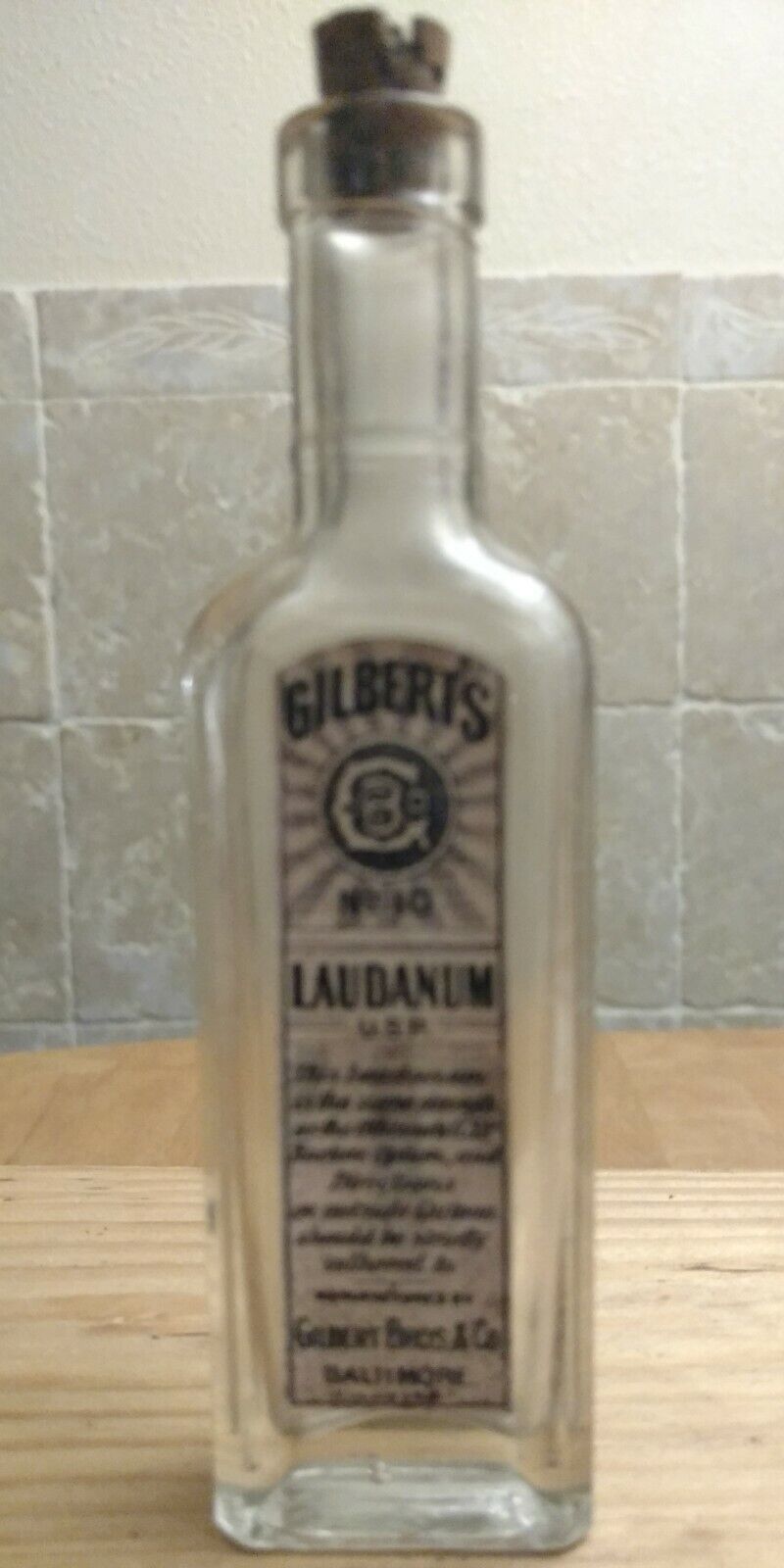 Vintage Medicine Hand Crafted Bottle, Gilbert Bros. Laudanum (EMPTY, COPY)